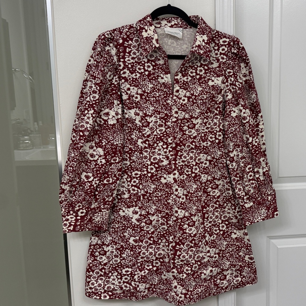 Women’s Long Sleeve Floral Shirt Dress - Burgundy & Cream